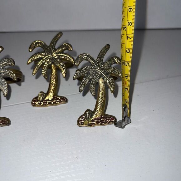Brass Palm Tree Napkin Ring Set of 4 Napkin Holders Tropical Palm Trees Beach - Picture 2 of 8